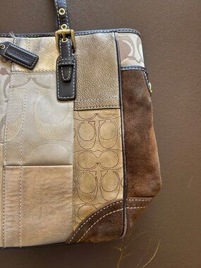 Coach Holiday Gold Patchwork Signature Shoulder Bag in Brown and Tan